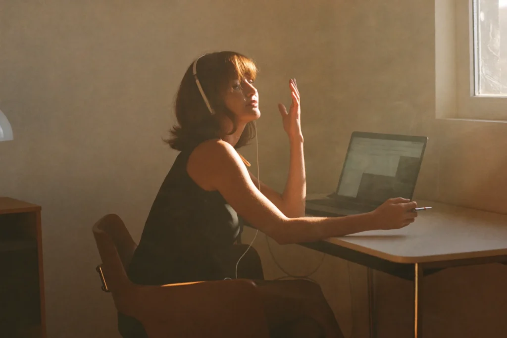 Frau mit Kopfhörern sitzt im Videogespräch am Schreibtisch – Sinnbild für Mentalcoaching online im gesamten DACH-Raum